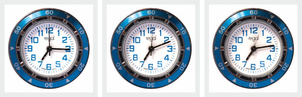 Slutartid visas i olika exempel med sekundvisaren av en klocka