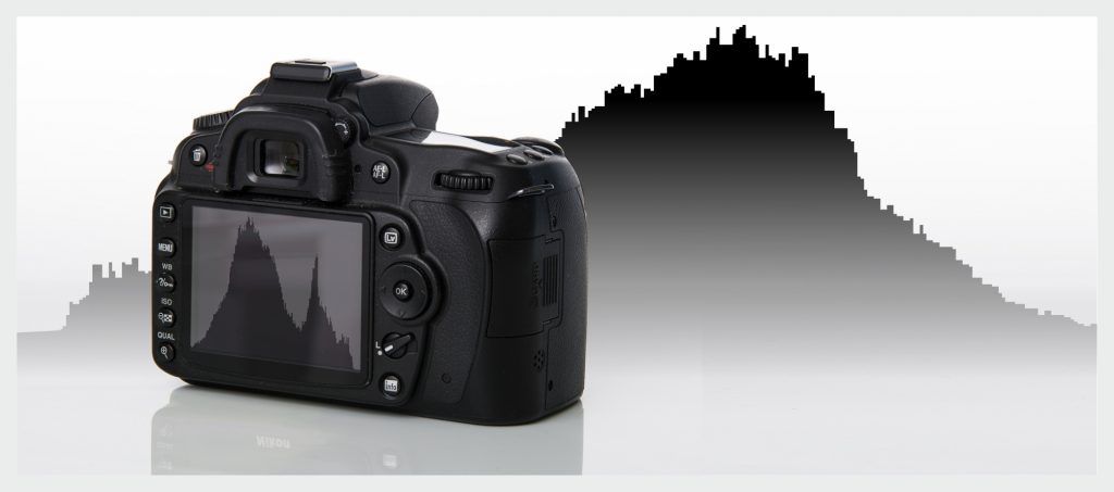 Illustration av en kamera framför ett histogram